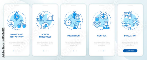 2D icons representing integrated pest management mobile app screen set. Walkthrough 5 steps blue graphic instructions with thin line icons concept, UI, UX, GUI template. © bsd studio