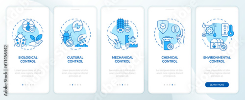2D icons representing integrated pest management mobile app screen set. Walkthrough 5 steps blue graphic instructions with thin line icons concept, UI, UX, GUI template.
