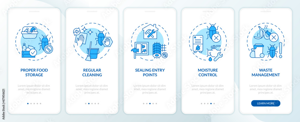 2D icons representing integrated pest management mobile app screen set. Walkthrough 5 steps blue graphic instructions with line icons concept, UI, UX, GUI template.