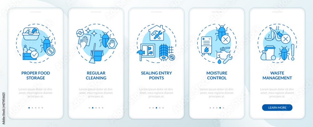 Fototapeta premium 2D icons representing integrated pest management mobile app screen set. Walkthrough 5 steps blue graphic instructions with line icons concept, UI, UX, GUI template.