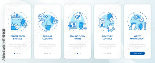 2D icons representing integrated pest management mobile app screen set. Walkthrough 5 steps blue graphic instructions with line icons concept, UI, UX, GUI template.