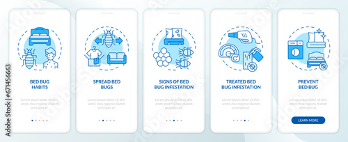 2D icons representing integrated pest management mobile app screen set. Walkthrough 5 steps blue graphic instructions with line icons concept, UI, UX, GUI template.