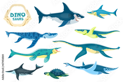 Cartoon aquatic dinosaurs cute characters. Megalodon Ophthalmosaurus  Liopleurodon  Kronosaurus and Tylosaurus  Plesiosaurus  Ichthyosaur and Archelon  Elasmosaurus marine dinosaur vector personages