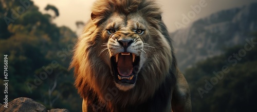 The male lion roared. the lion roars on the rock. Lions roar in the cliff. Lion roars on the rock. Wild animal lion. photo