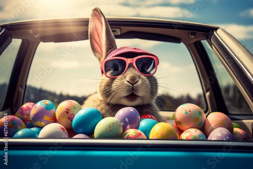 Cute Easter Bunny with sunglasses looking out of a car filed with easter eggs, Generative AI