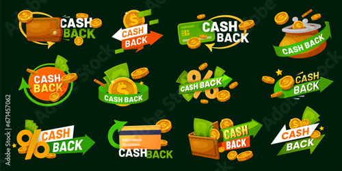 Cash back coin bonus, refund or rebate money icons, vector symbols. Credit card cashback offer, buy reward promotion ad banners, online store cash back bonus refunds or rebates icon with golden coins