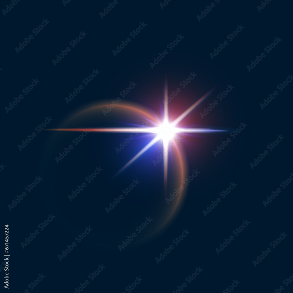 Light flare, shine flash sparkle or star glow ray or beam, realistic vector sunlight. Light glare with blur or bokeh flare effect background, shiny spark or bright starlight with lens flare effect