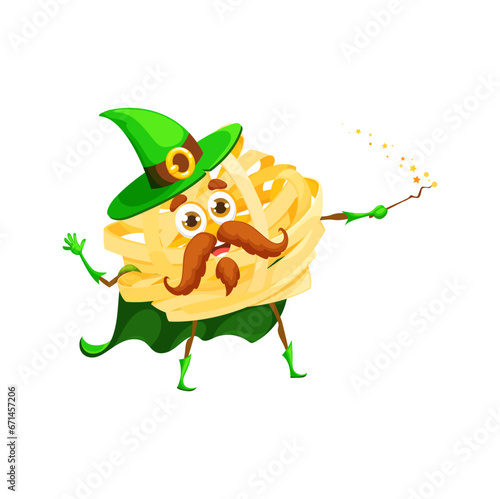 Cartoon Halloween italian pasta wizard character. Isolated vector fettuccine with pointy hat and curly mustache, holding magic wand, casting spells with puffs of glitter, adding fun twist to culinary