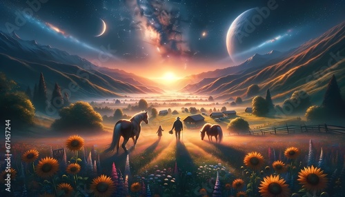 Enchanted Valley with Horses and Cosmic Sky
