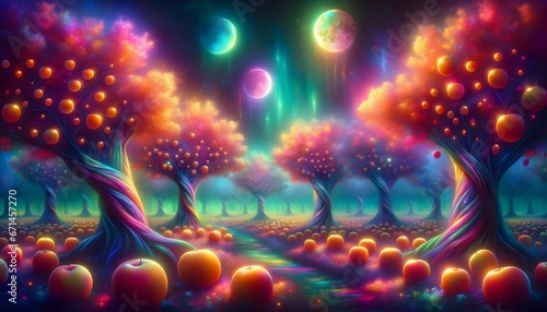 Celestial Orchard: The Dance of Planets and Luminescent Trees