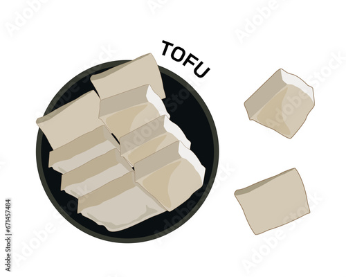 isolated dried tofu on black round plate. vector food ingredients illustration, high protein food from soy bean, vegetarian recipe, organic product. natural phytoestrogen. hot pot side dish.