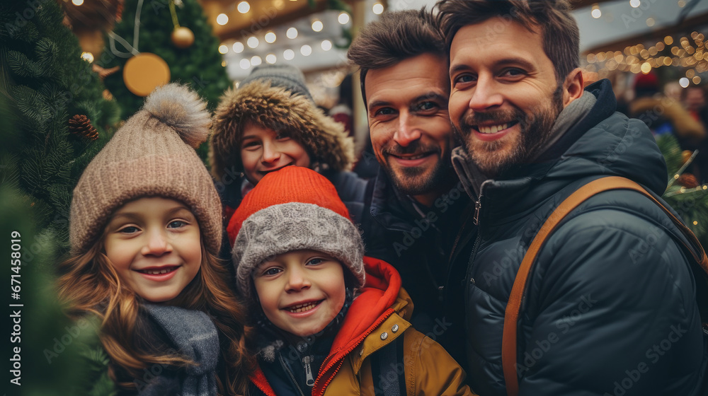 Happy family of LGBT gay couples with children and parents choose a New Year tree at the Christmas tree market. Merry Christmas and Merry New Year concept. Happy family of LGBT gay couples with children and parents choose a New Year tree at the Christmas tree market. Merry Christmas and Merry New Year concept.