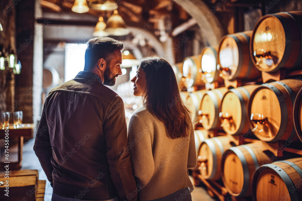Couple in wine cellar enjoying tasting white wine and spending quality time together, couple's date night at wine tasting