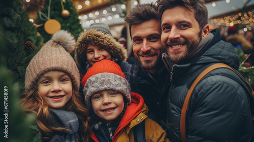 Happy family of LGBT gay couples with children and parents choose a New Year tree at the Christmas tree market. Merry Christmas and Merry New Year concept.