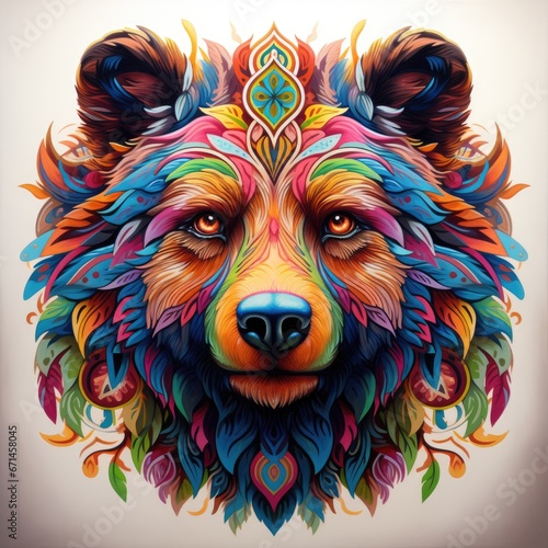 Colorful bear mandala art on white background.