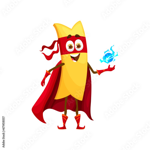 Cartoon lasagna pasta superhero character. Isolated vector defender with noodle-shaped body, red cape and mask, ready to save the day and defeat any hunger inducing villains with power ball