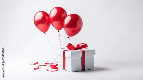 A white gift box with a red ribbon, flown with three red balloons tied to the gift box