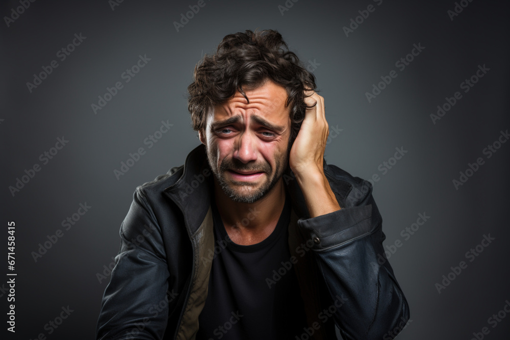 Portrait of an exhausted man in a dark jacket on a gray studio background, failure, fatigue, difficult to choose. Professional burnout concept. Portrait of an exhausted man in a dark jacket on a gray studio background, failure, fatigue, difficult to choose. Professional burnout concept.