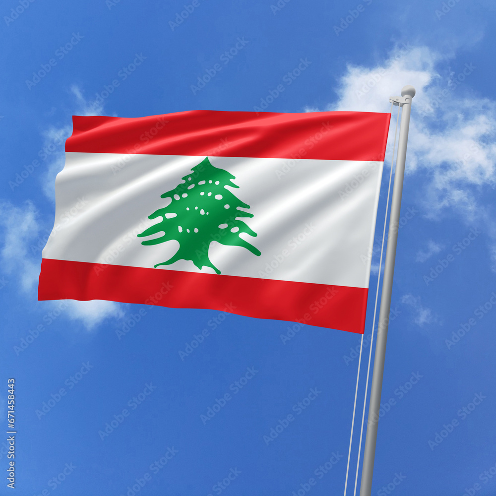 Naklejka premium Lebanon flag fluttering in the wind on sky.