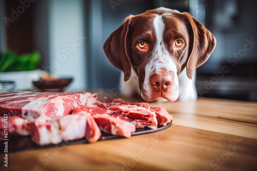 Portrait of cute brown and white dog eating and enjoying healthy raw meat with bones, raw food diet for dogs photo