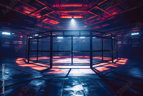 Empty mixed martial art fighting cage made with AI generative technology with dark background, ready for fight photo