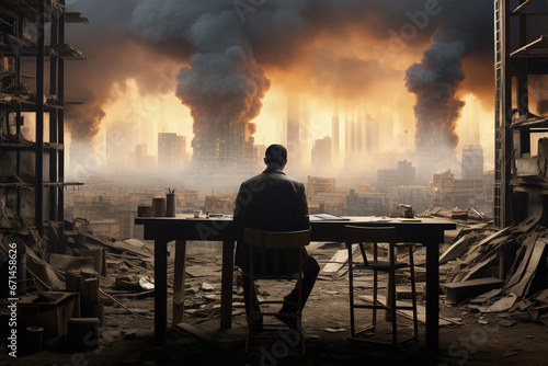 image of a man sitting at a desk observing the disaster of the war