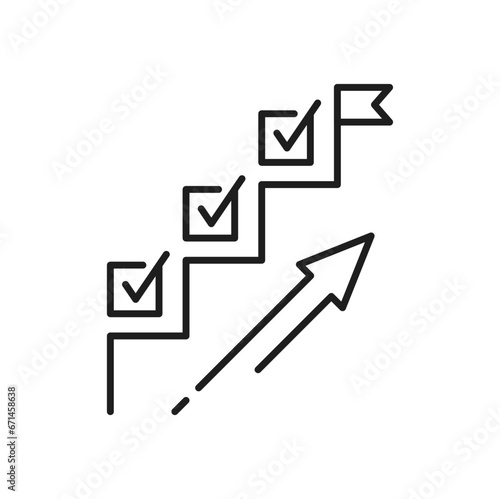 Planning icon. Project, goal, management and schedule symbol. Isolated monochrome linear vector sign of raising arrow and ticks on stairs and flag on the top representing list with complete work tasks