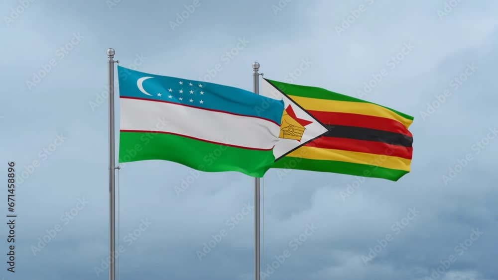 Zimbabwe and Uzbekistan flag waving together on cloudy sky, endless seamless loop Zimbabwe and Uzbekistan flag waving together on cloudy sky, endless seamless loop