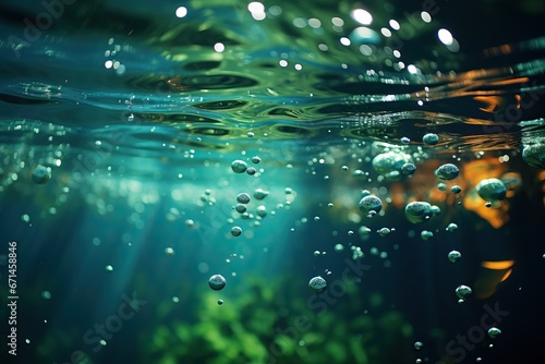 Bubbles and bokeh underwater in clear green ocean Generative ai