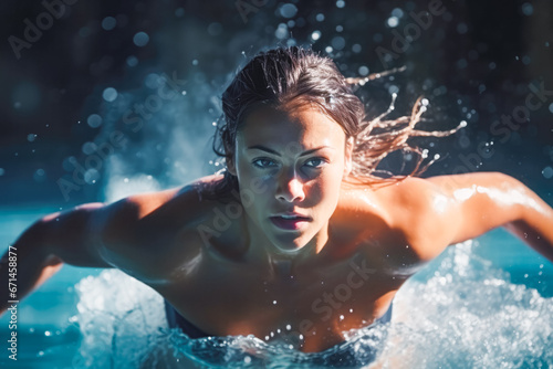 Front view of a powerful elite athletic female swimmer competing in a match, looking focused, successful woman in water sport discipline © VisualProduction