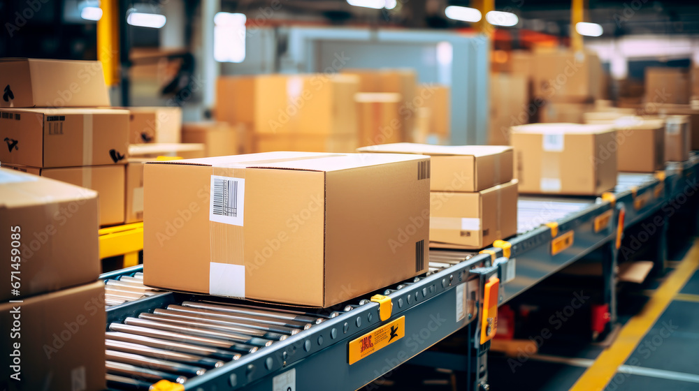 Smart warehouse management system concept.Cardboard boxes on conveyor rollers ready to be shipped for distribution in warehouse. Smart warehouse management system concept.Cardboard boxes on conveyor rollers ready to be shipped for distribution in warehouse.