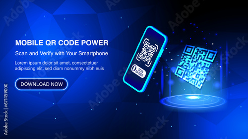 Smartphone scanning QR code and mobile QR code verification banner. Verification concept for online shopping, shopping special offer promotion and marketing via smartphone. Template design for webs