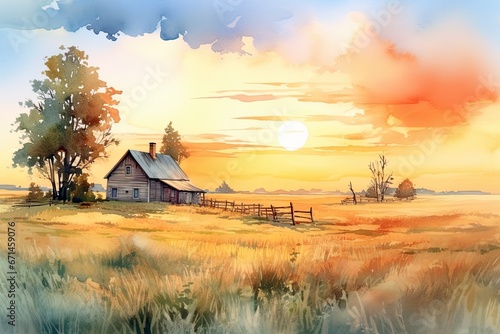 Serenity Prairie watercolor artwork of the sun rising