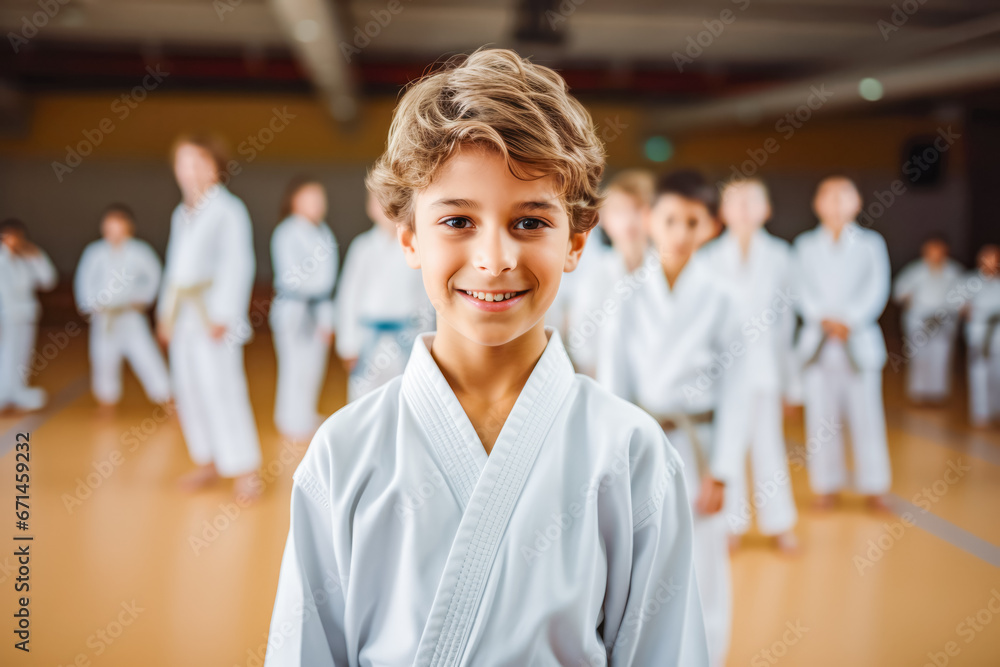 Portrait of handsome young boy in his karate kimono training in a gymnasium, asian martial art training indoor, karate group class Portrait of handsome young boy in his karate kimono training in a gymnasium, asian martial art training indoor, karate group class