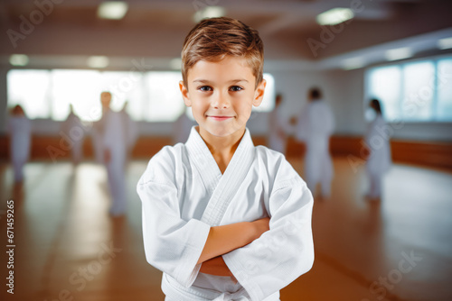 Portrait of handsome young boy in his karate kimono training in a gymnasium, asian martial art training indoor, karate group class © VisualProduction