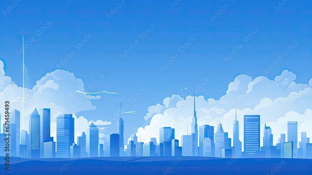 Cityscape Blue and White Background - Simple Flat Illustration Vector Wallpaper - Animated City Landscape Backdrop with Empty Copy Space for Text and Advertising created with Generative AI Technology - obrazy, fototapety, plakaty 