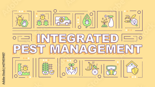 Integrated pest management text with various thin line icons concept on yellow monochromatic background, editable 2D vector illustration.