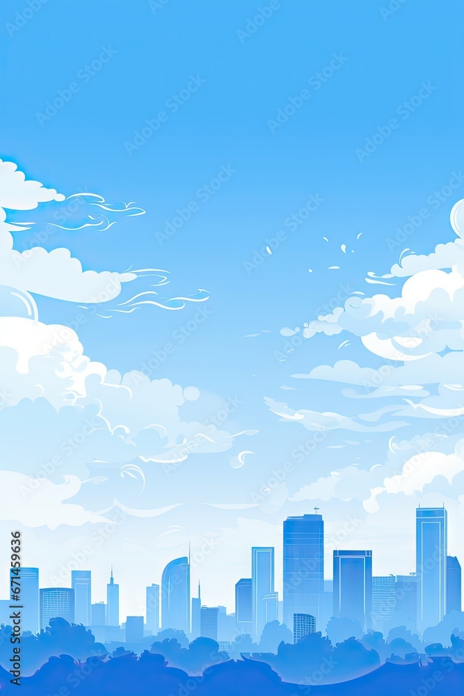 Cityscape Blue and White Background - Simple Flat Illustration Vector Wallpaper - Animated City Landscape Backdrop with Empty Copy Space for Text and Advertising created with Generative AI Technology