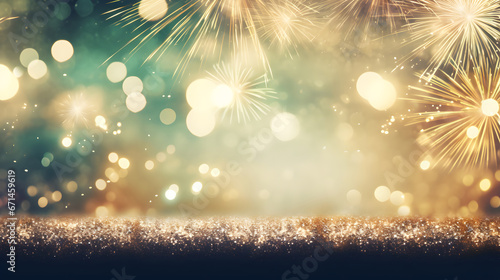 Vintage gold and green Fireworks and bokeh in New Year eve and copy space. Abstract background holiday