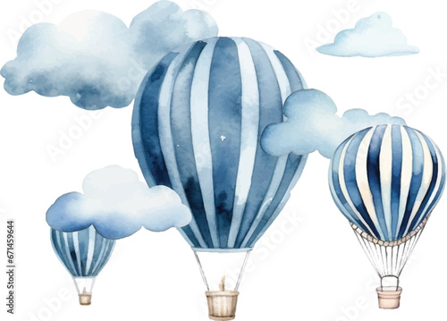 Watercolor hot air balloon  pattern with, clouds on a white background.