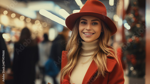 Smiling girl with Christmas gifts in shopping bags in a shopping center. Christmas sale concept
