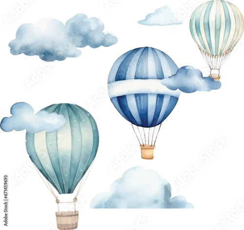 Watercolor hot air balloon  pattern with, clouds on a white background.