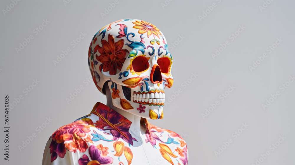 Typical Mexican skull painted isolated on white background. Panorama view. Dia de los muertos. Typical Mexican skull painted isolated on white background. Panorama view. Dia de los muertos.