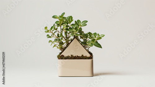 House-shaped pot containing a green plant.
