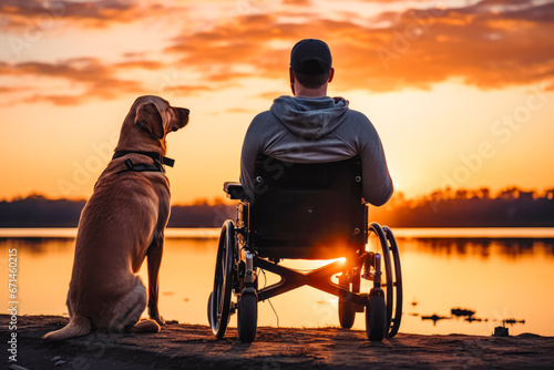 Young man with disability on a wheelchair with his service dog right beside him with sunset in background, medical service dog with owner © VisualProduction