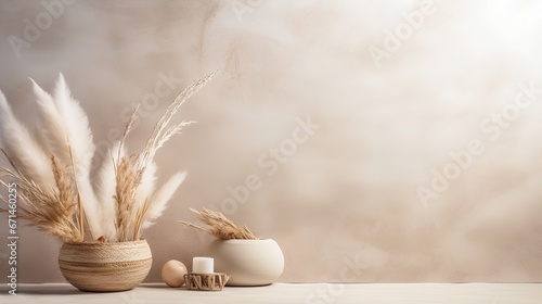Boho style background with neutral pastel color style and natural floral elements. Aesthetic minimalism design for social media content. Simple beige chic elements. Calming and serene atmosphere photo