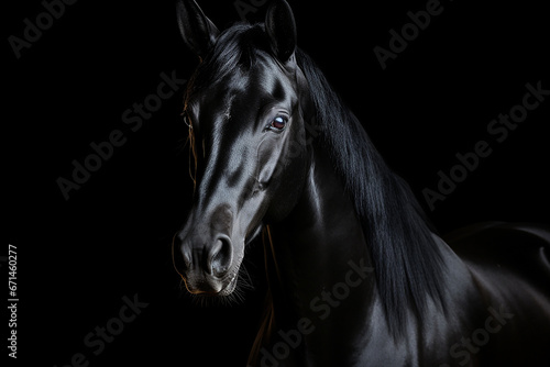 Portrait of a dark beautiful well-groomed horse on a black background