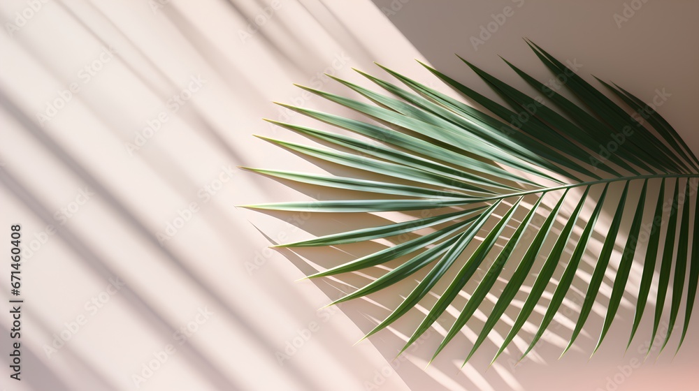 Fototapeta premium natural palm leaf with neutral pastel background. Aesthetic minimalism design for social media content background. Simple nature elements. Calming, exotic and serene atmosphere.