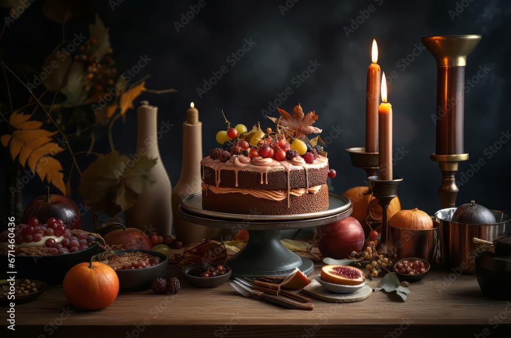 Autumn party cake table. Food holiday fall dessert. Generate Ai