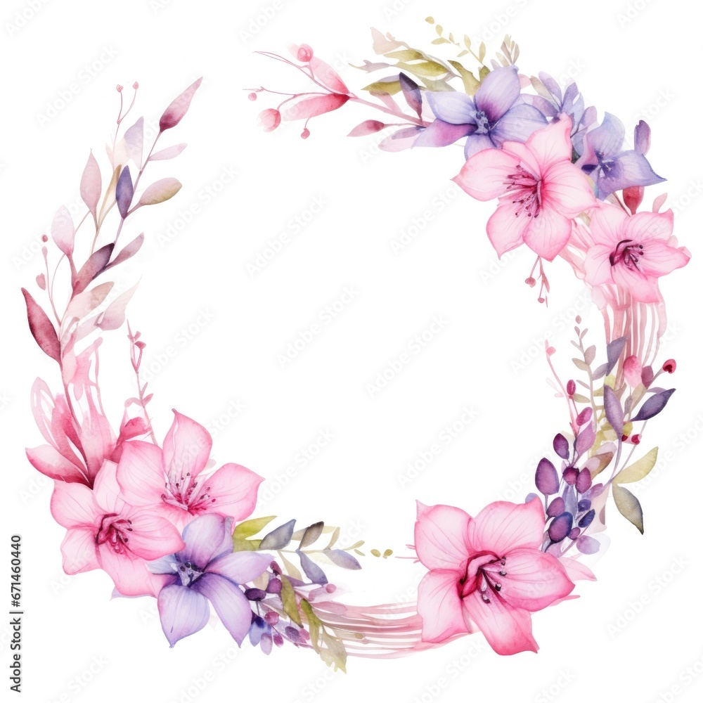 Circle frame of watercolor flowers and leaves on white background.